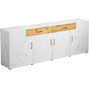 Pd-1 Credenza Multifunzione Elegante con 4 Ante e 2 Cassetti, Design Moderno in Marmo e Rovere, Ampio Spazio di Stoccaggio, Bianco