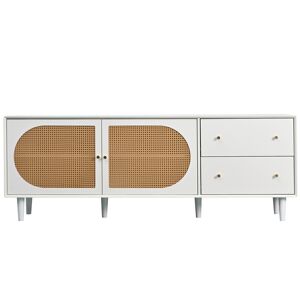 Pd-1 Mobile TV Bianco Elegante con Piedi in Legno Massello e Design Rattan, Dotato di 2 Cassetti e Ampio Spazio Interno, Bianco