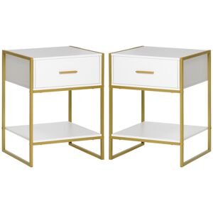 Homcom Set 2 Comodini Moderni con Cassetto e Ripiano Aperto in MDF e Acciaio, 45x40x60cm, Bianco e Oro