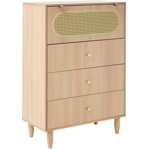 Pd1 Credenza in Legno con 3 Cassetti e Porta in Rattan, Scharniere Silenziose, Design Elegante e Spazioso, Quercia