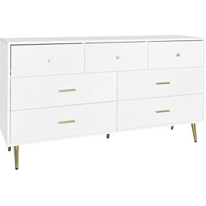 Pd1 Credenza Bianca Elegante con 7 Cassetti e Dettagli Dorati, Maniglie e Gambe in Oro, Guida Scorrevole Liscia per Soggiorno e Cucina, Bianco