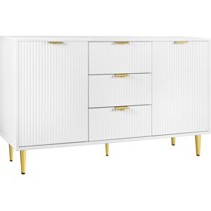 Pd-1 Credenza Elegante Bianca e Oro con 2 Ante e 3 Cassetti, Dettagli a Righe Verticali, Bianco+Oro