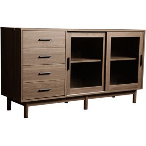 Pd1 Credenza Multifunzionale in Noce con Vetrina in Vetro, 4 Cassetti e 2 Ante in Vetro, Design Elegante per Soggiorno, Marrone