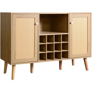 Pd-1 Credenza Portabottiglie Elegante in Stile Legno con 2 Ante in Rattan e Ripiani Regolabili, Soluzione Chic per la Tua Collezione di Vini, Quercia