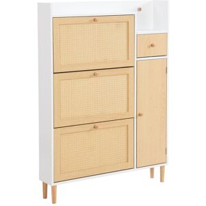 Rn Store Mobile Portascarpe con 3 Ante Ribaltabili e 1 Cassetto, Gambe in Legno Massello e Maniglie, 90x17x125 cm, Naturale+Bianco