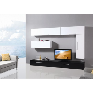 Arredo Casa Facile Mobile Soggiorno Parete Attrezzata Mdf Bianco Nero Lucido - Moderna - Tv4