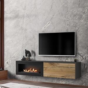 garneroarredamenti Mobile porta tv sospeso con caminetto bioetanolo 180x40cm rovere antico antracite Botticelli