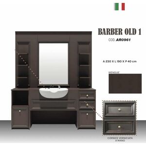 POSTAZIONE DA BARBIERE VINTAGE WENGE' BARBER SHOP COMPLETA DI SPECCHIO, LAVANDINO IN CERAMICA, DOCCETTA E MISCELATORE