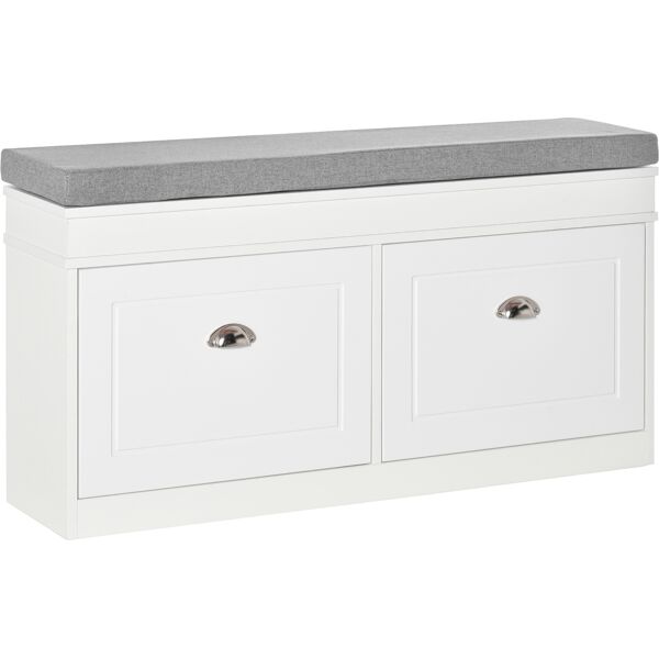 homcom panca scarpiera salvaspazio in legno con cuscino, 2 cassetti con mensola regolabile per 8 scarpe, 104x24x55cm, bianco