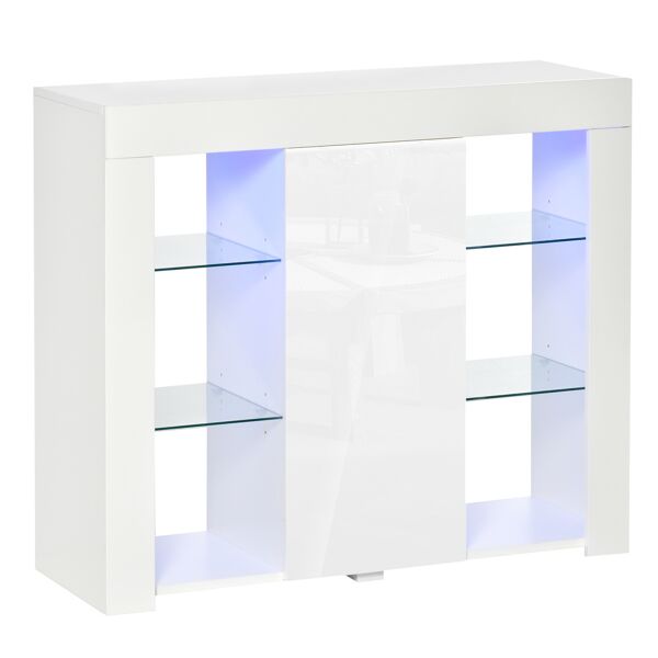 homcom credenza moderna a anta con luci led e mensole in vetro, mobile multiuso in legno con finitura lucida, 97x35x83cm, bianco