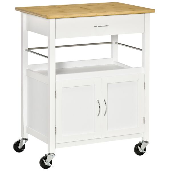 homcom carrello cucina con cassetto armadietto e scaffale, carrellino portavivande con piano in bambù e 4 ruote, bianco