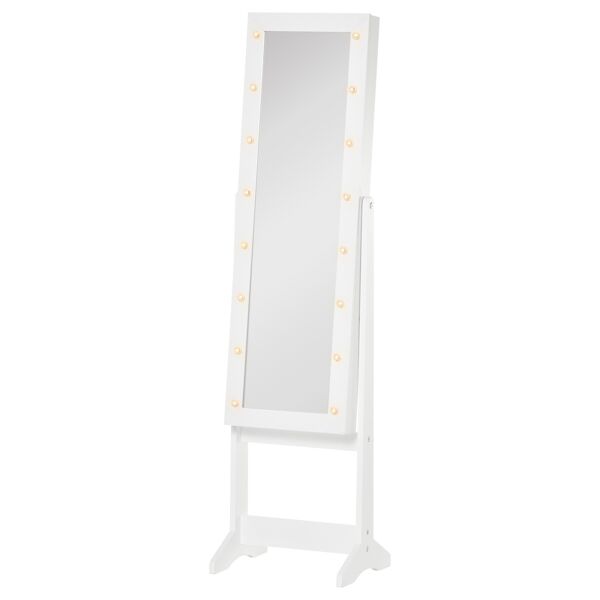 homcom armadio portagioie portagioielli specchio regolabile e luci led, legno, bianco, 36x30x136 cm