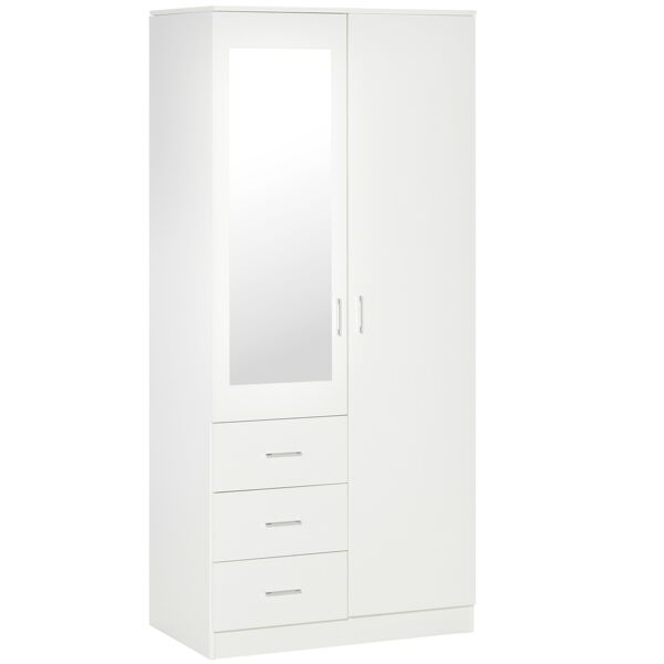 homcom armadio moderno guardaroba 2 ante con specchio e 3 cassetti, mensole regolabili e barra appendiabiti, 80x50x180cm, bianco