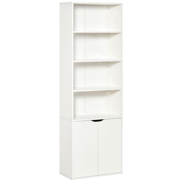 homcom libreria moderna 4 ripiani con armadietto a 2 ante in legno, mobile multiuso per soggiorno, ufficio e studio, 59x29x180cm, bianco