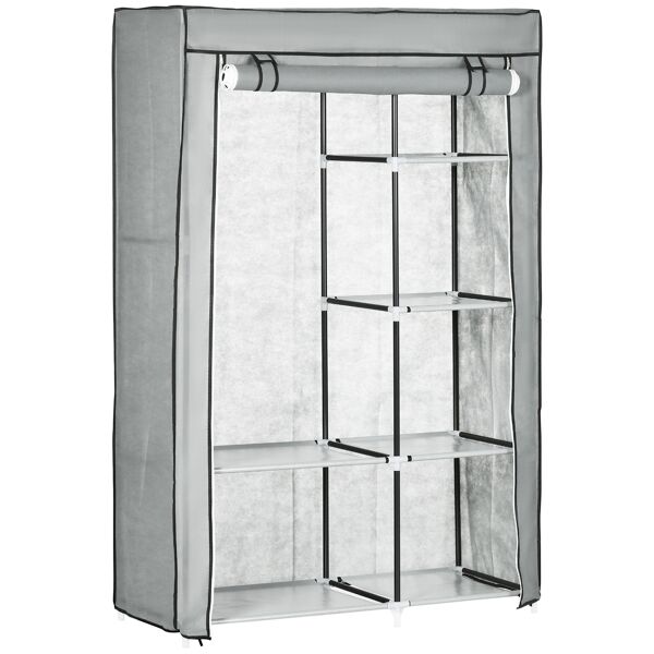 homcom armadio guardaroba portatile in acciaio, tessuto non tessuto e pp con 6 ripiani aperti, 1 appendino e porta a cerniera, 103x43x162.5 cm, grigio