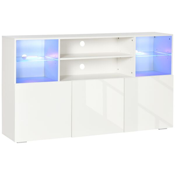 homcom mobile porta tv fino 65 con luci led e mensole in vetro, 160x35x91cm, bianco lucido