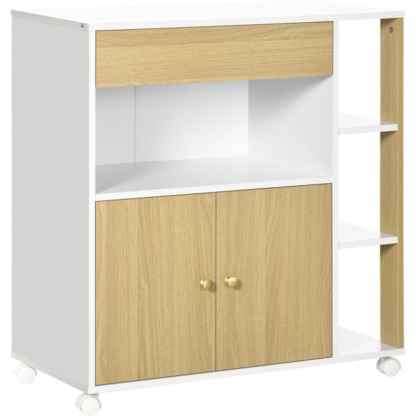 homcom carrello da cucina in truciolato con 4 ripiani aperti, un cassetto e un armadietto a 2 ante, 80x39x85.5 cm, bianco e rovere