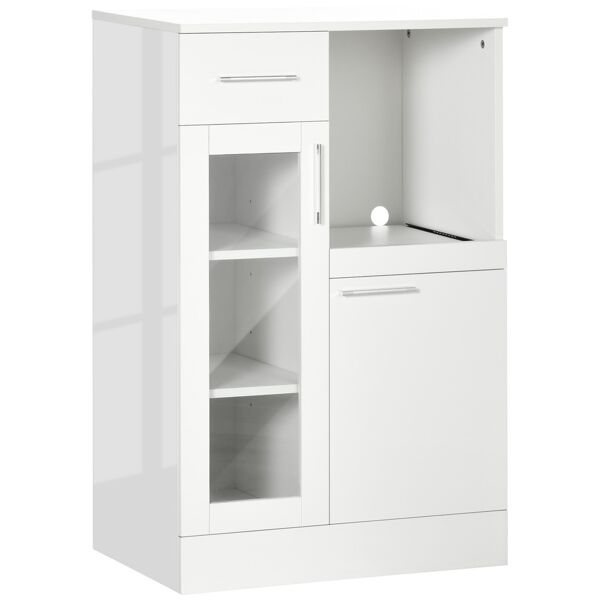 homcom credenza moderna con armadietti e cassetto, mobile cucina salvaspazio in legno e vetro 60x40x95cm, bianco