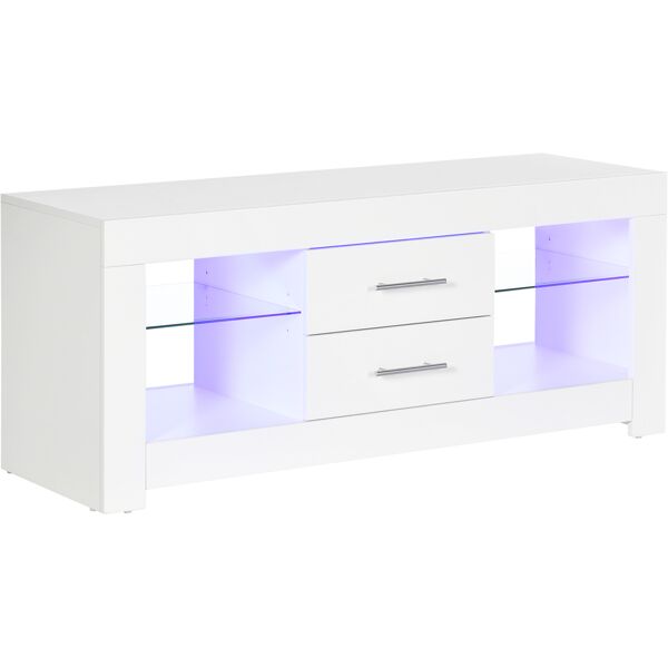 homcom mobile porta tv da 55 con luci led a 12 colori e telecomando, legno e vetro 120x40x50cm, bianco