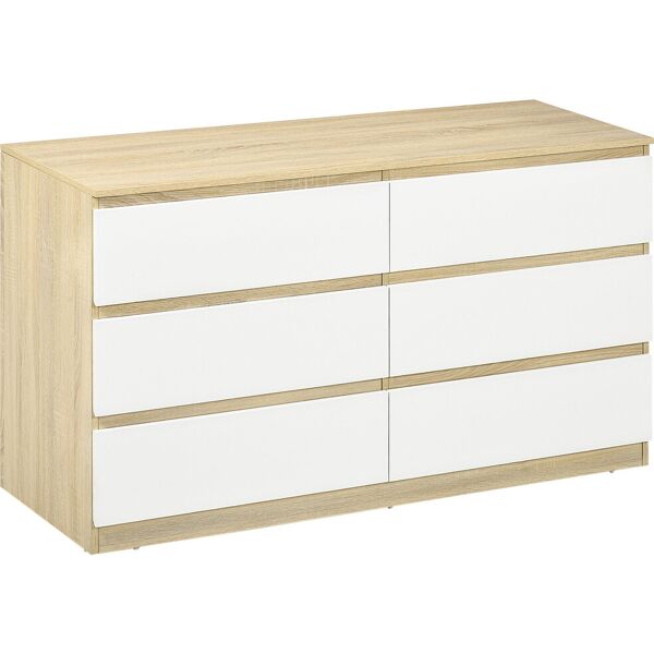 homcom cassettiera 6 cassetti moderna in legno, 135x48x77cm, bianco e colore legno