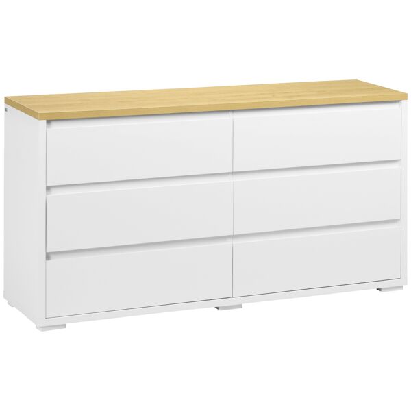 homcom cassettiera 6 cassetti moderna in truciolato per camera da letto e ingresso, 140x37x75cm, bianco e color legno