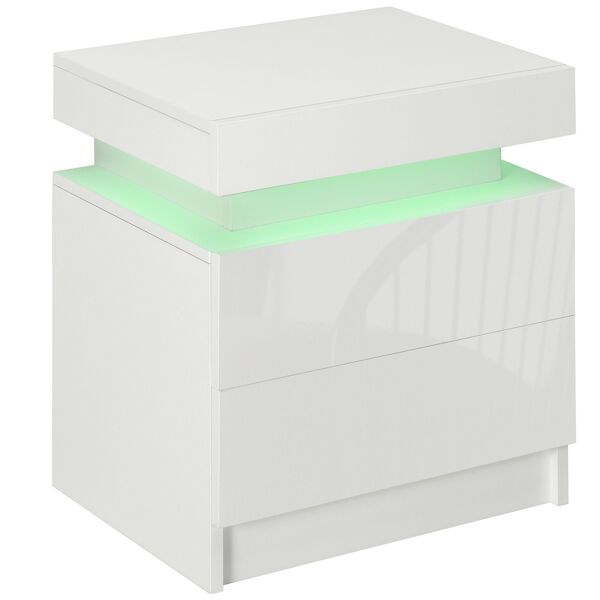 homcom comodino con luce led rgb e 2 cassetti, 4 modalità di luce e 16 colori, 45x35x52cm, bianco