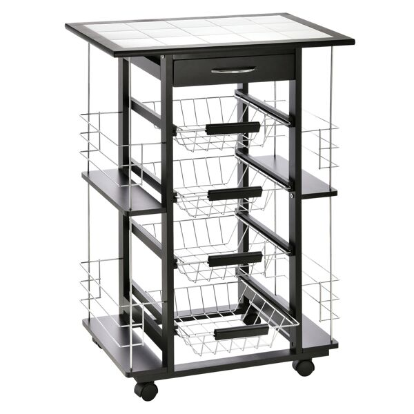 homcom carrello da cucina con 4 cestini rimovibili e 4 scomparti laterali nero, 57 x 37 x 83