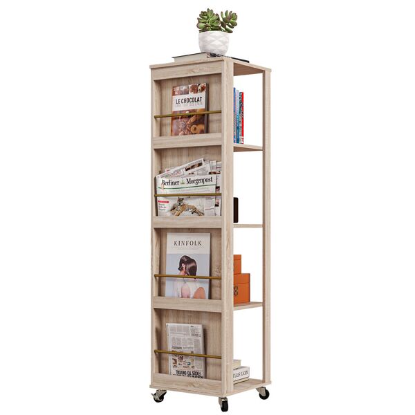 homcom libreria portariviste moderna a 4 ripiani in legno con rotelle, 40x40x150cm, quercia