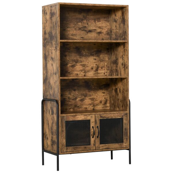 homcom mobile libreria design industriale con ripiani e armadietto in legno e metallo, marrone rustico e nero, 81x40x160cm
