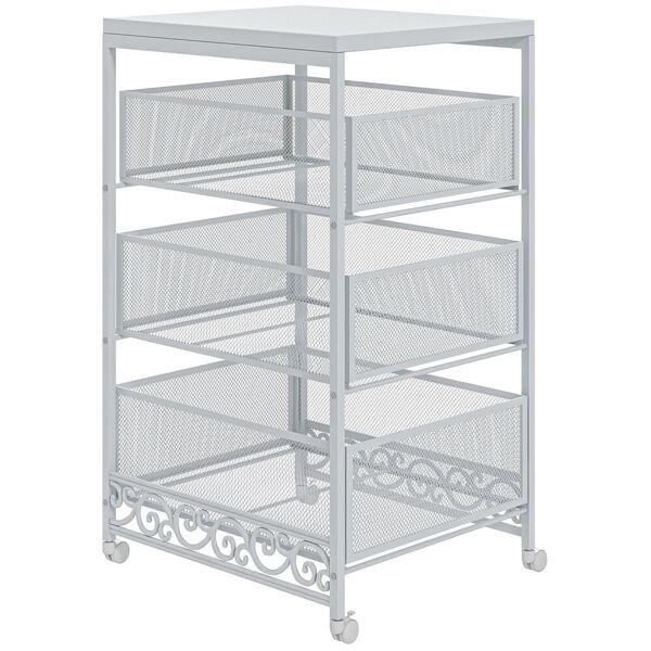 homcom carrello portaoggetti a 3 livelli in truciolato e acciaio, 34x29.5x57.5 cm, bianco