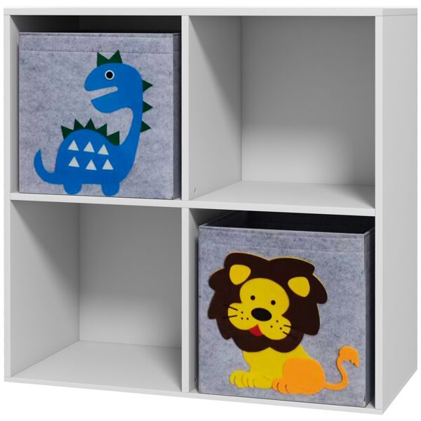 zonekiz scaffale portagiochi per bambini con 4 scomparti e contenitori, 61.8x29.9x61.8cm, bianco