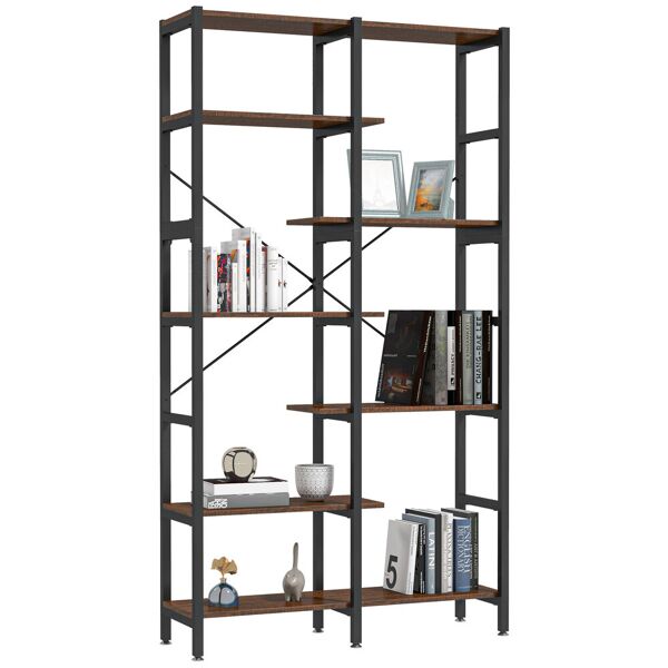 homcom libreria scaffale con 6 ripiani aperti legno, antiribaltamento, piedini antiscivolo regolabile, telaio in metallo, nero e marrone, 100x30x182cm
