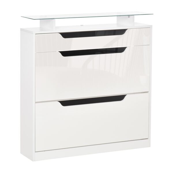 homcom scarpiera moderna con 2 cassetti ripiani doppia 16 scarpe con mensola regolabile e ripiano in vetro, 89x23x96cm, bianco lucido