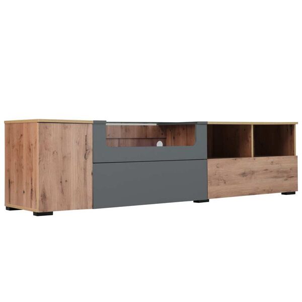 gl store mobile tv nei colori grigio scuro e legno in stile country naturale, con luci a led, piano in vetro, scomparti e ante, naturale