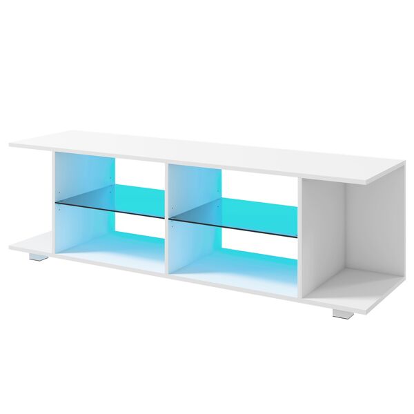 homcom mobile tv 60 con luci a 12 colori e 2 ripiani regolabili, in truciolato e vetro, 144.8x40x45 cm, bianco