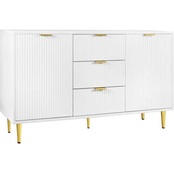 pd1 credenza elegante bianca e oro con 2 ante e 3 cassetti, dettagli a righe verticali, bianco+oro