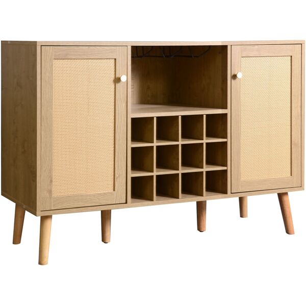 pd1 credenza portabottiglie elegante in stile legno con 2 ante in rattan e ripiani regolabili, soluzione chic per la tua collezione di vini, quercia