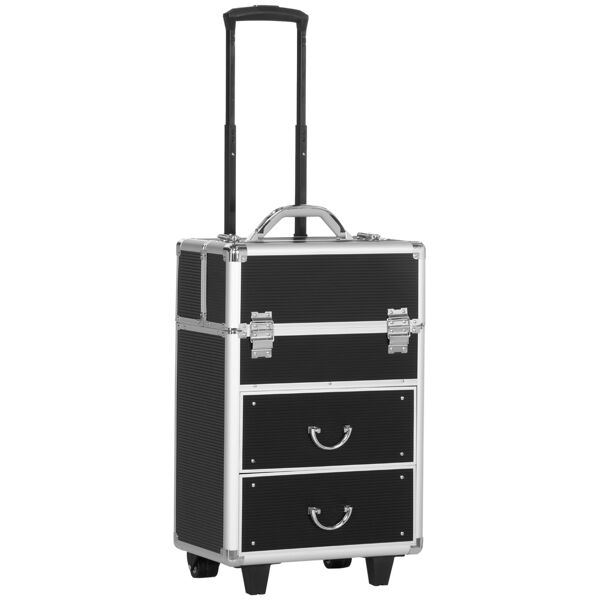 homcom trolley valigetta porta trucchi professionale, blocco con 2 chiavi e ruote, nero 36x23x52cm