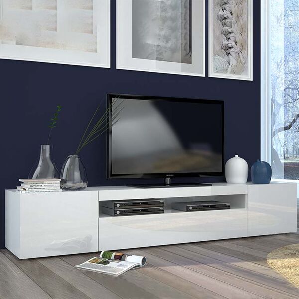garneroarredamenti porta tv 200x37cm soggiorno bianco laccato lucido light big gihome®