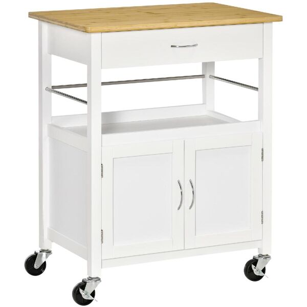 dechome 215801 carrello cucina con cassetto armadietto e scaffale carrellino portavivande con piano in bambù e 4 ruote bianco - 215801