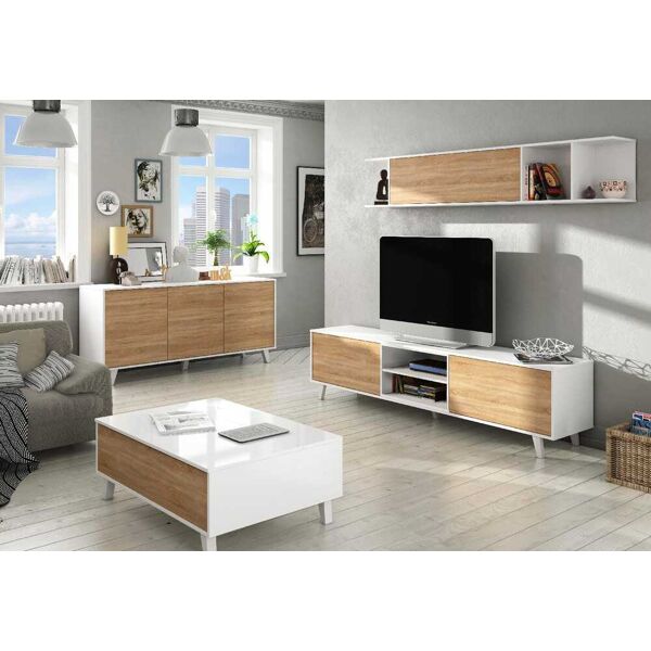 fores habitat 0f6634bo parete attrezzata in legno completo di mobile tv 180x41x51h cm, pensile 180x25x35h cm colore bianco / rovere - 0f6634bo zaiken