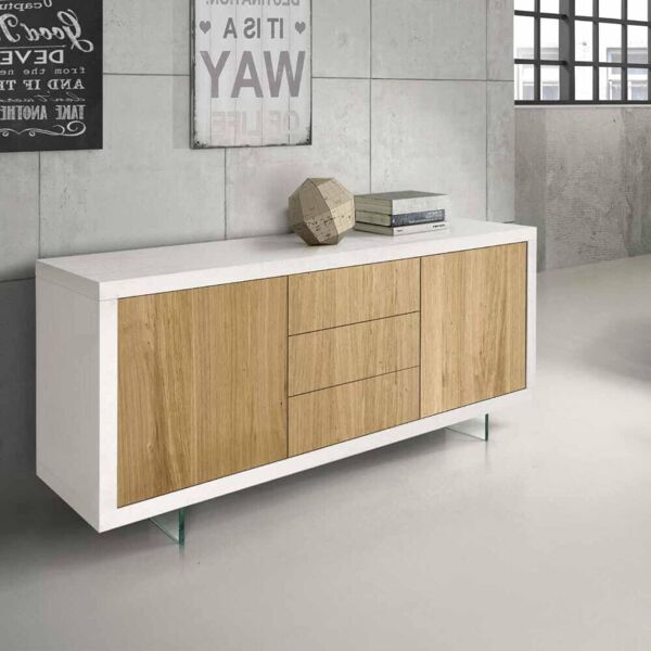 credenza da 186 cm in legno rovere naturale e bianco spazzolato piedi in vetro