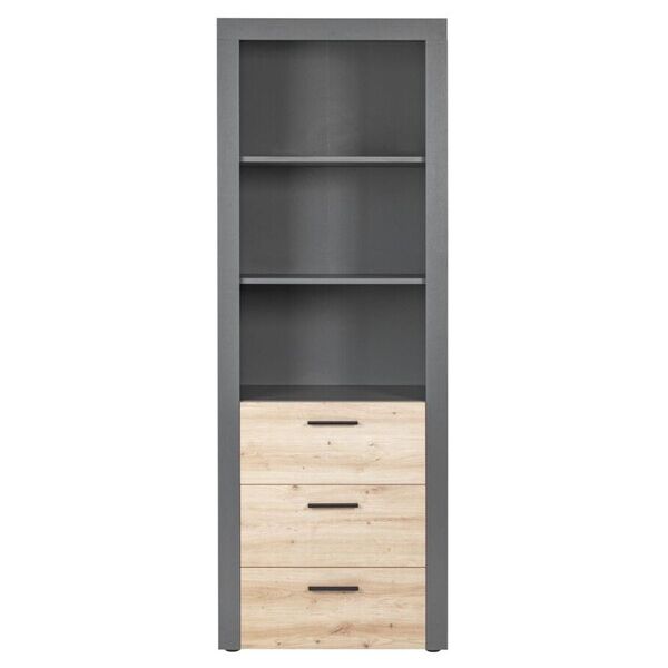 libreria con 3 cassetti in laminato grigio e quercia