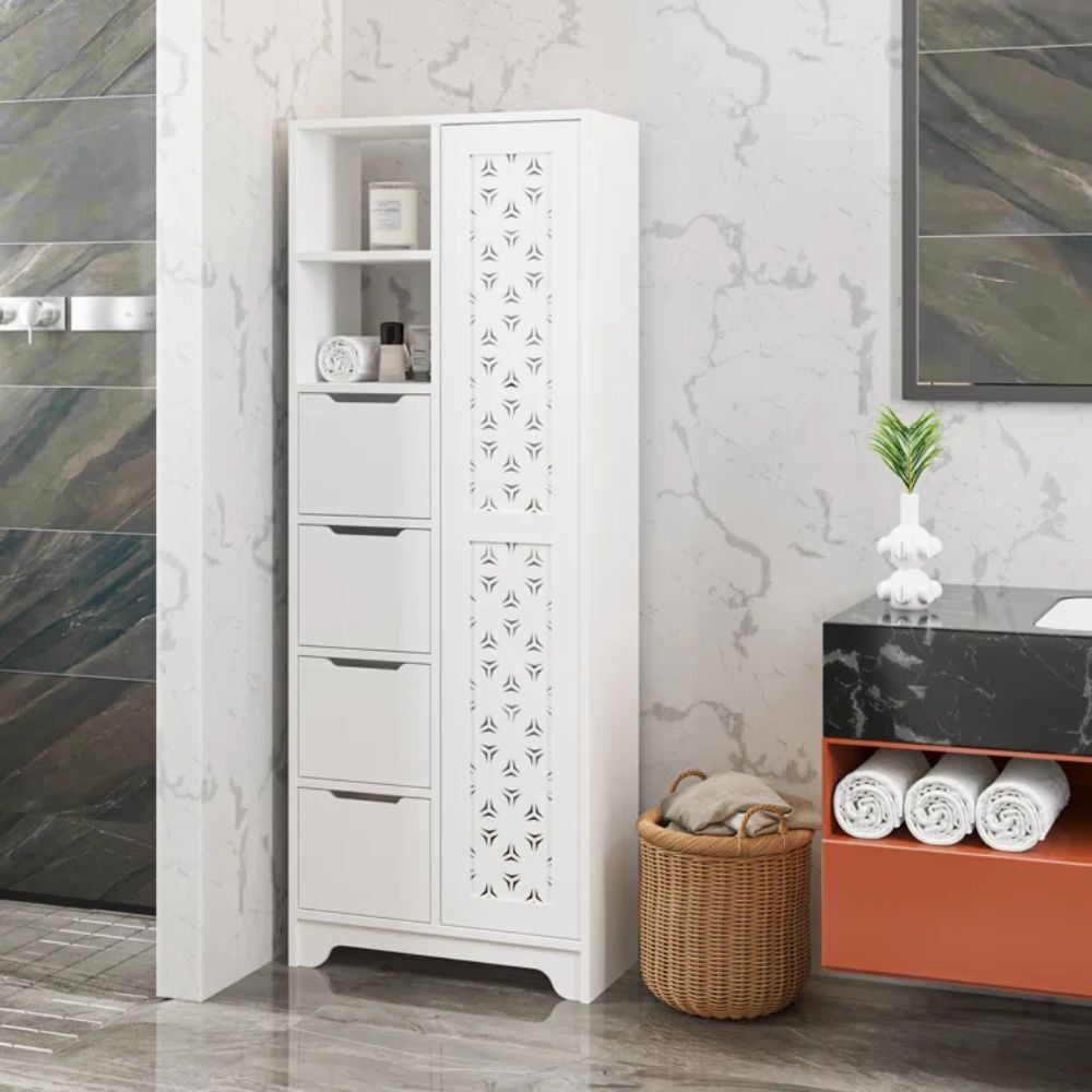 Toscohome Armadio multiuso 65x173h cm in legno con cassetti e anta serigrafata colore bianco - Yada Midi