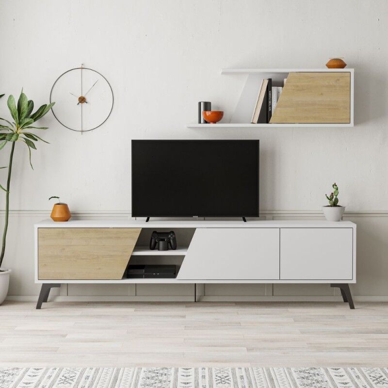 Toscohome Mobile Porta TV 180cm con mensola a parete colore bianco e rovere - Fiona