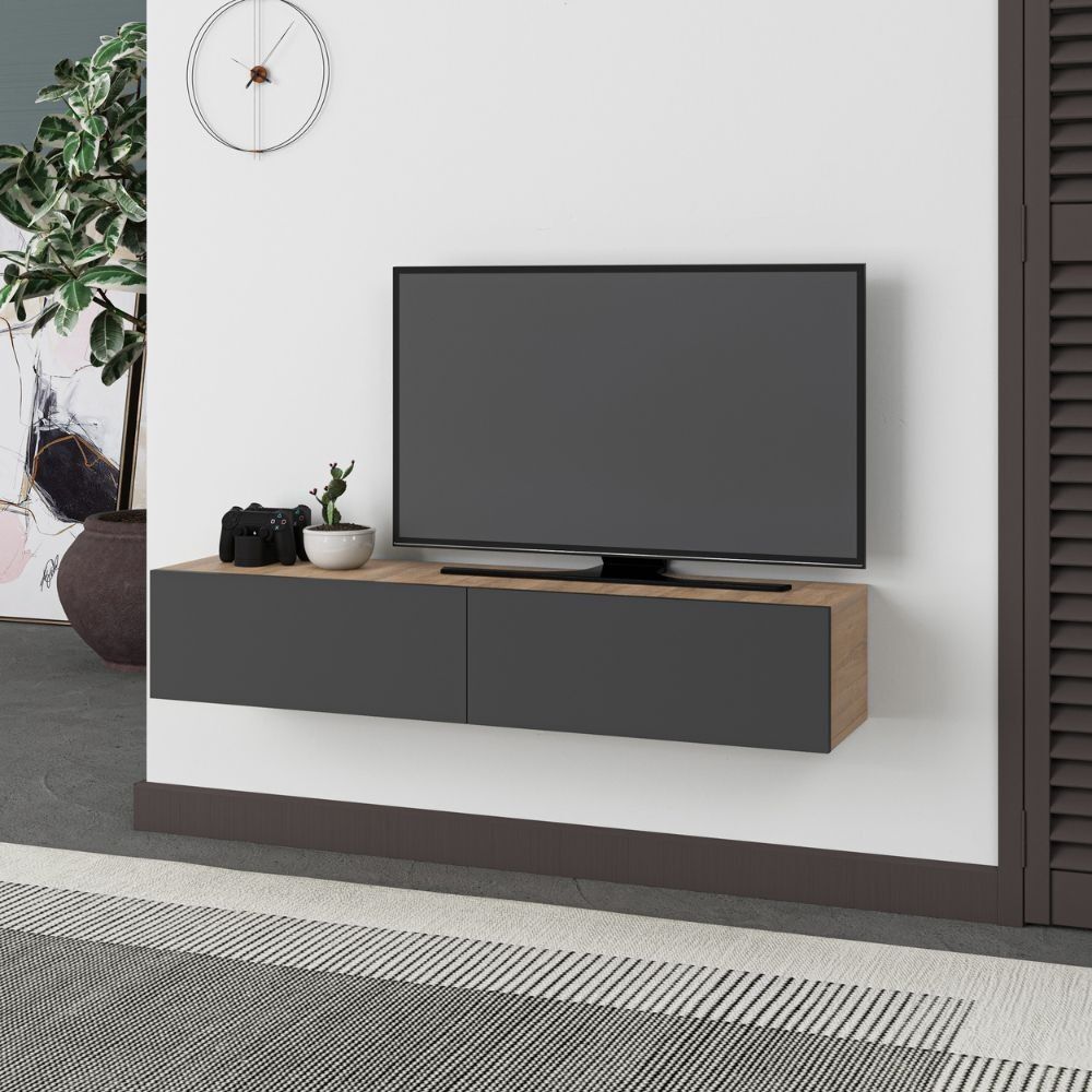 Toscohome Mobile porta TV sospeso 135cm in legno con ante a ribalta colore rovere e antracite - Francy