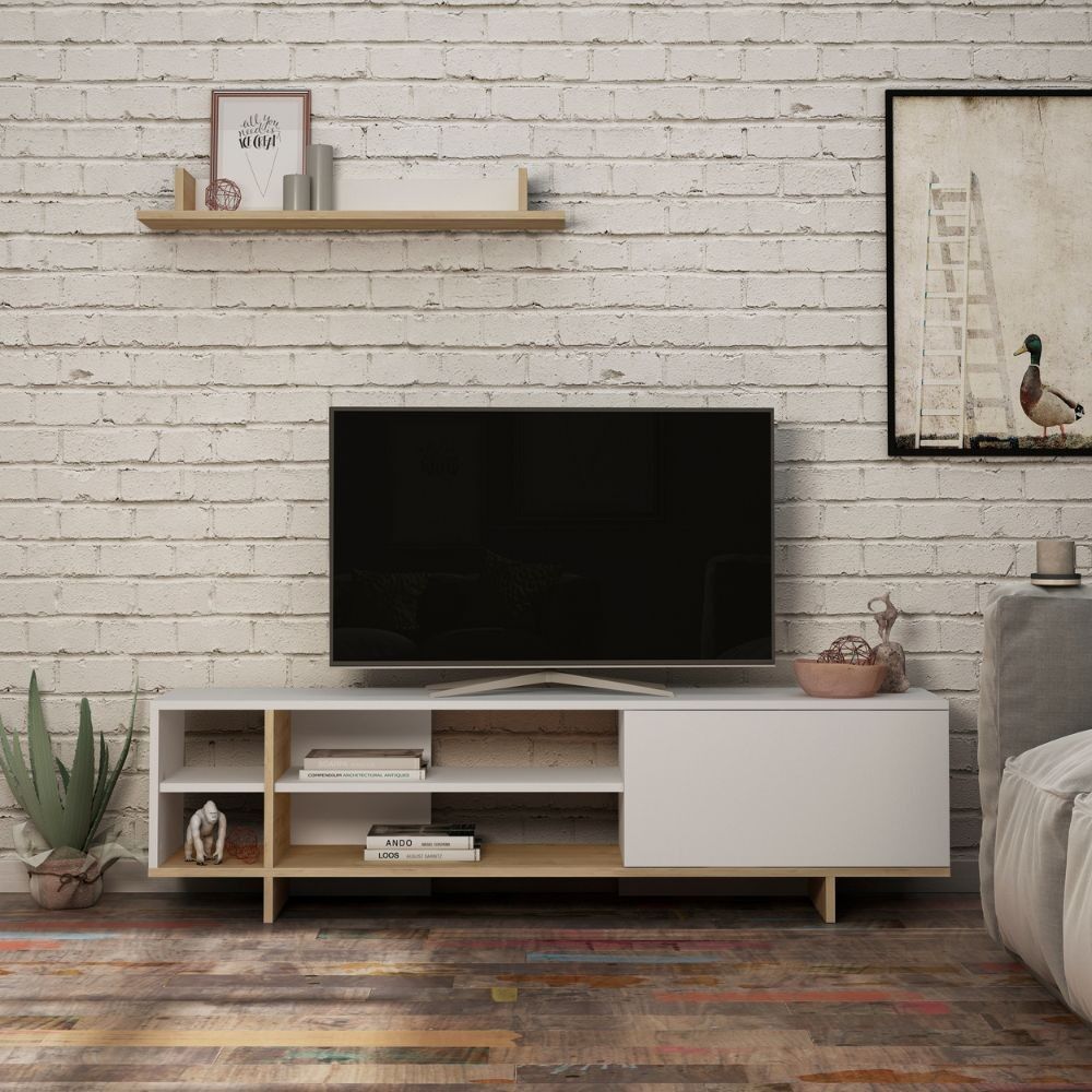 Toscohome Mobile porta TV 160 cm in legno con mensola e ripiani colore bianco e rovere - Stockton