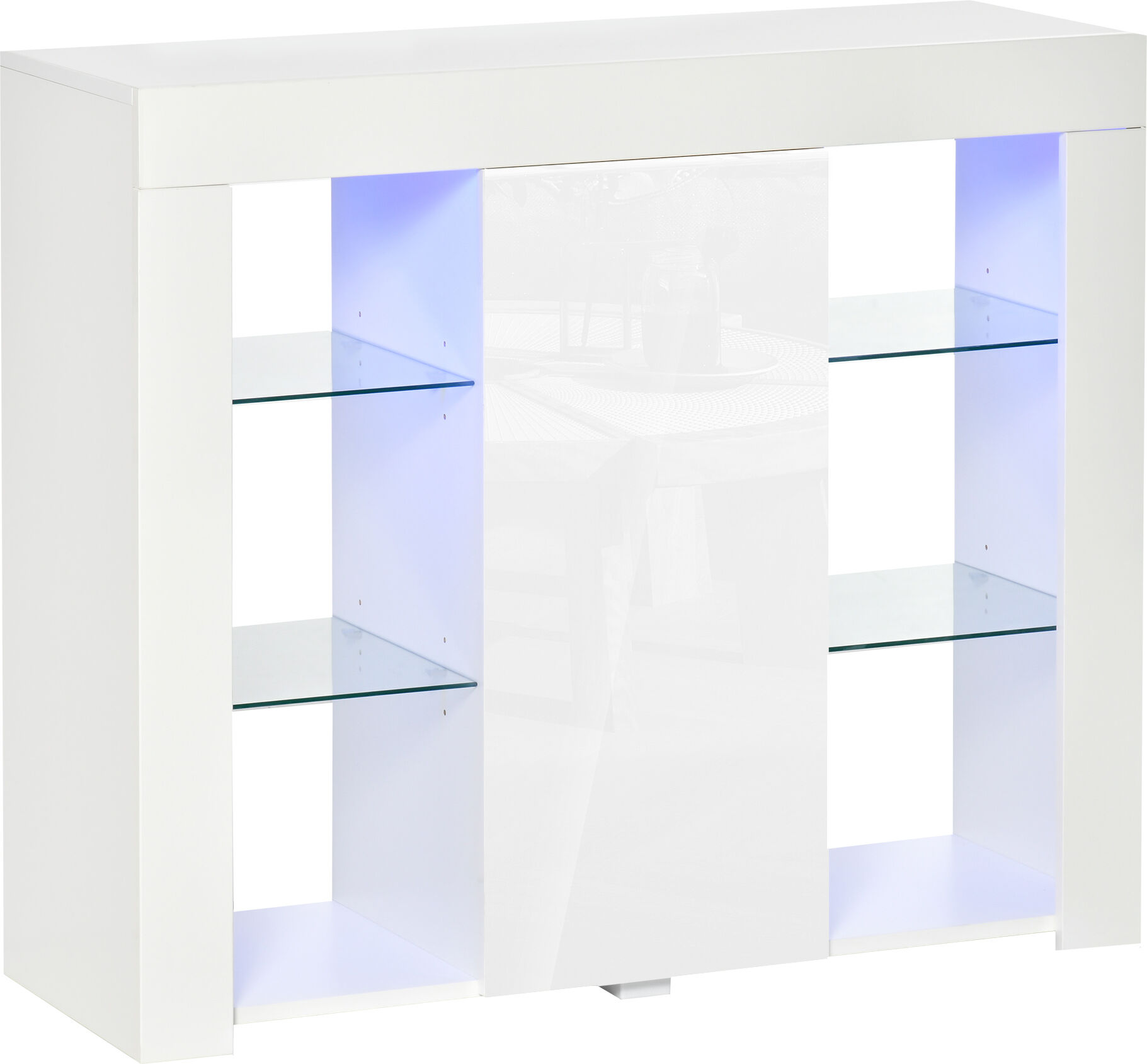 Homcom Credenza Moderna a Anta con Luci LED e Mensole in Vetro, Mobile Multiuso in Legno con Finitura Lucida, 97x35x83cm, Bianco