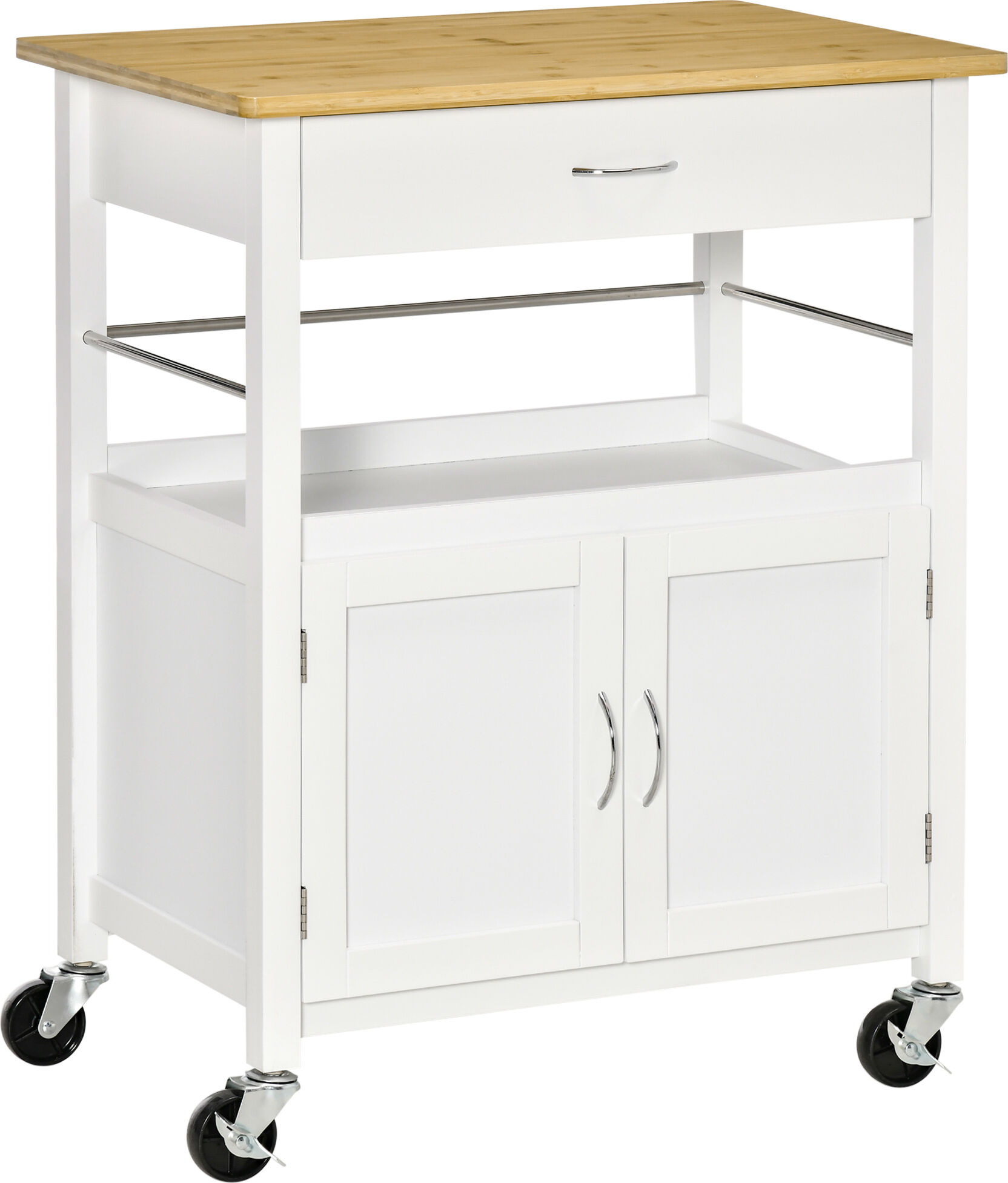 Homcom Carrello Cucina con Cassetto Armadietto e Scaffale, Carrellino Portavivande con Piano in Bambù e 4 Ruote, Bianco