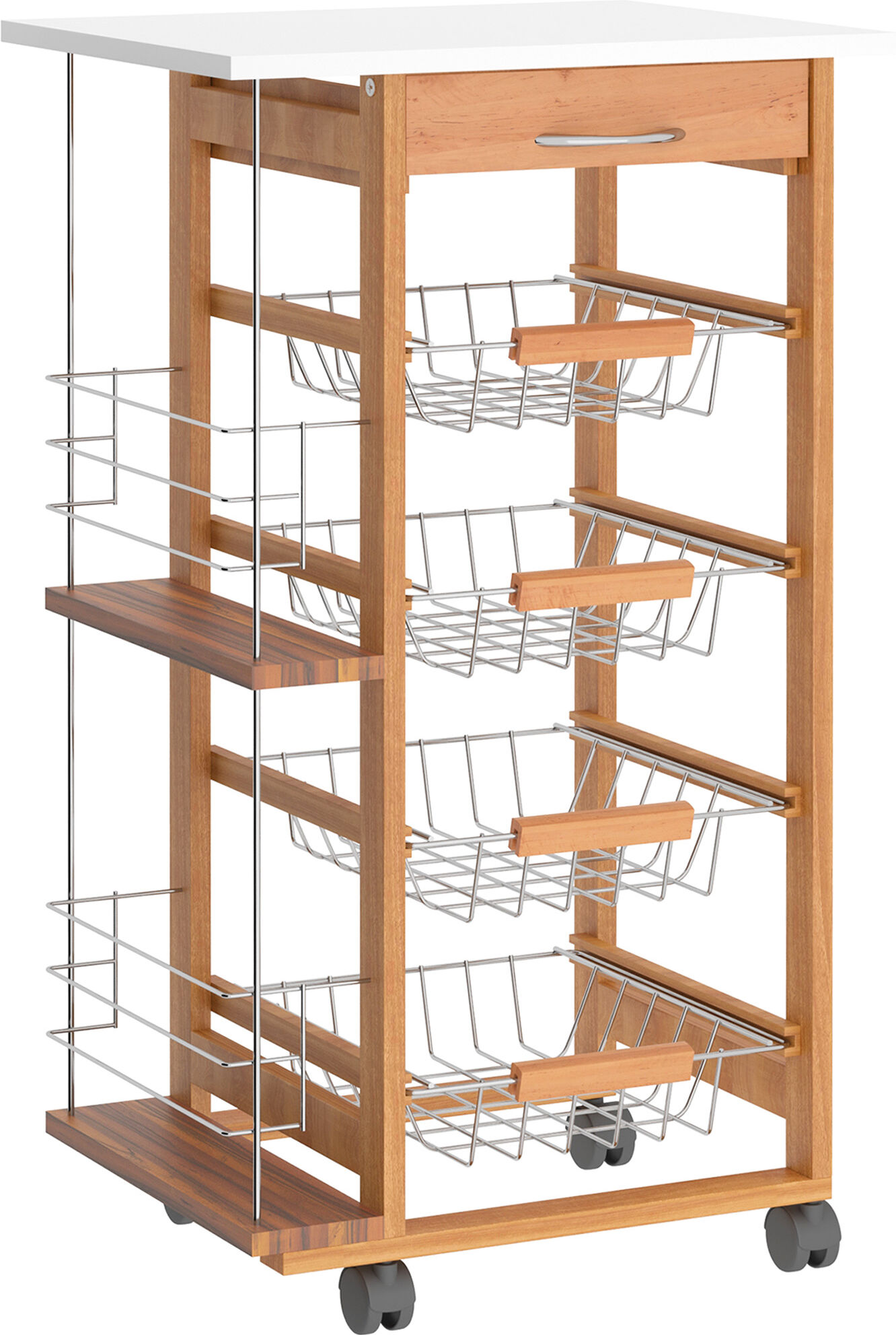 Homcom Carrello da Cucina Salvaspazio in Legno Marrone, Portavivande con 1 Piano di Lavoro 1 Cassetto e 4 Cestelli Metallici, 47x37x83cm